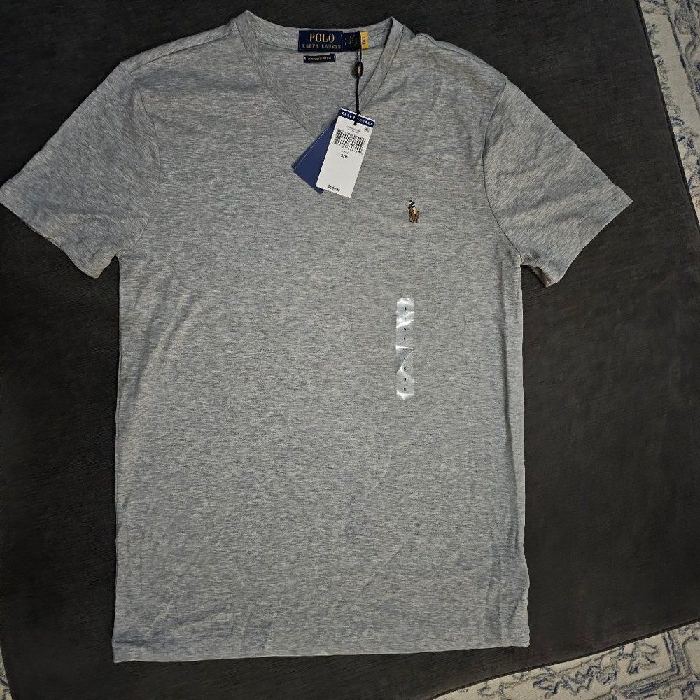 Polo Ralph Lauren Men's Grey Heather Custom Slim Fit V-Neck T-Shirt Size Small - Picture 2 of 8
